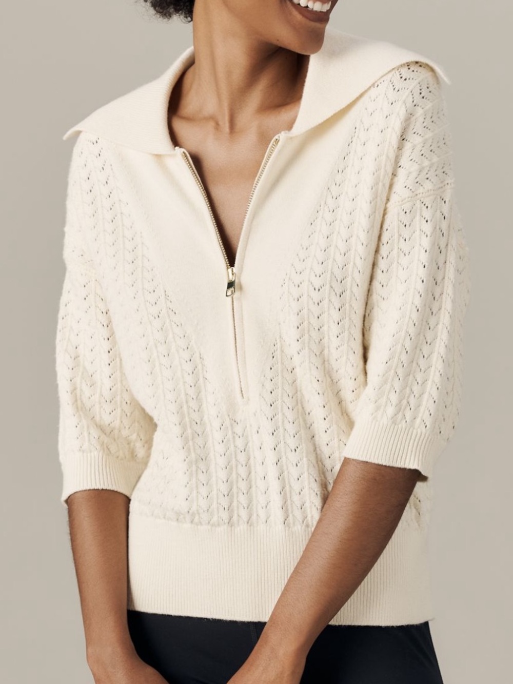Varley Arney Cream Half-Zip Knit Sweater L